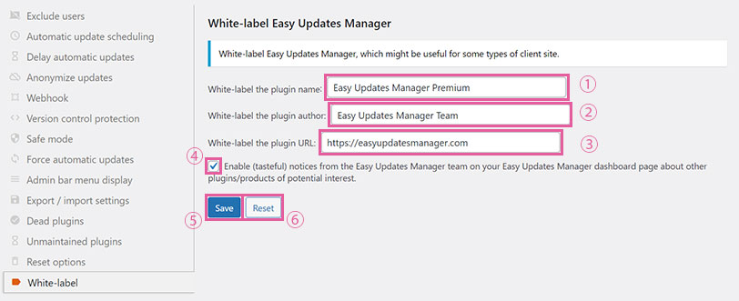 Easy Updates Manager 高度な設定 ホワイトラベル
