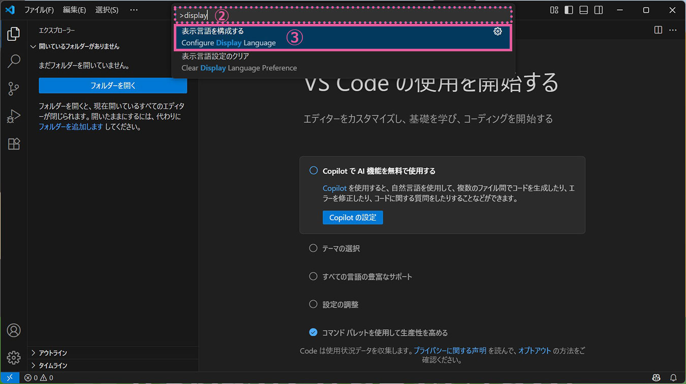 コマンドパレット 表示言語を構成する Configure Display Language 選択