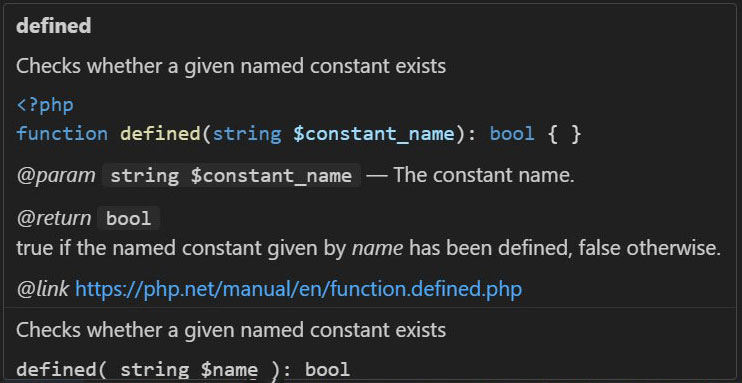 拡張機能　PHP Intelephense　PHPDoc 表示例