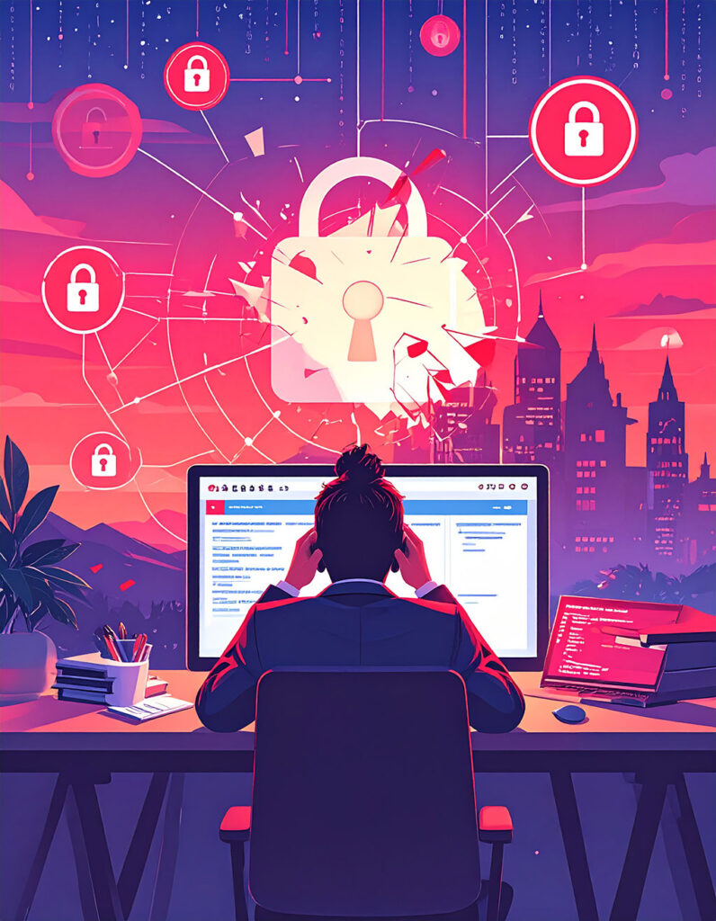 サイバー攻撃で停止したWordPressサイトと警告アイコン、困惑するビジネスマン