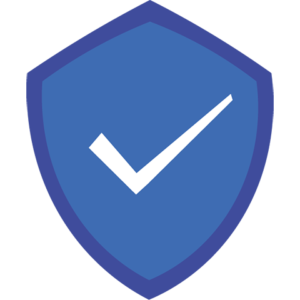 青色の盾に白いチェックマークが描かれた画像。チェックマークはセキュリティの象徴、盾は保護の象徴。
