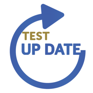 青い円形の背景に、白い矢印と「TEST UP DATE」という文字