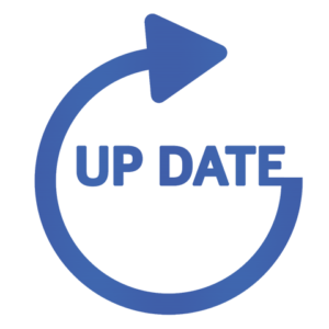 青い円形の背景に、白い矢印と「UP DATE」という文字
