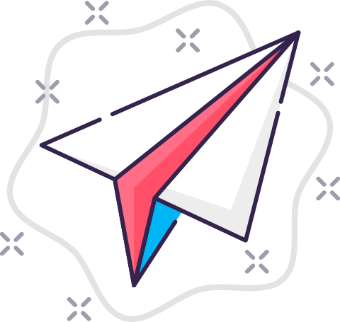 赤と青色で装飾された紙飛行機をイメージしたフォームへの誘導アイコン