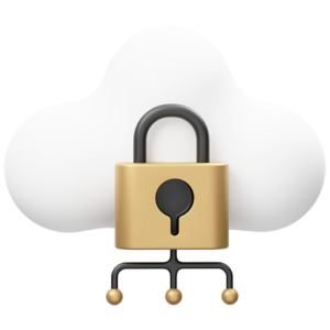 インターネット上のデータのセキュリティとプライバシーを表す、白い雲に南京錠をかけた3Dアイコン