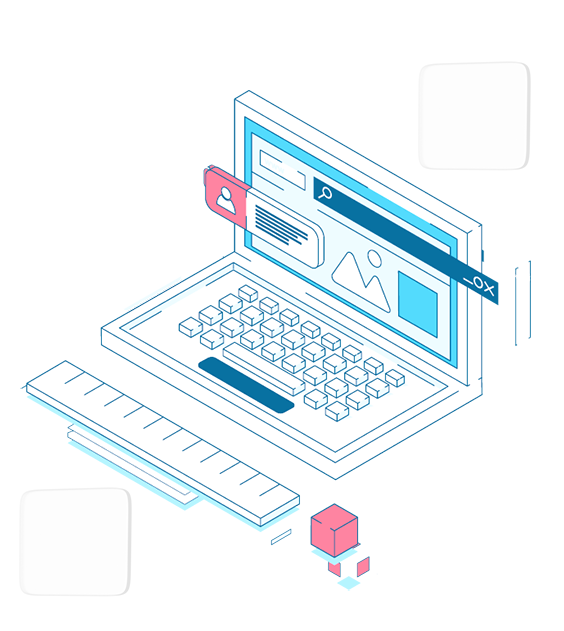 ウェブサイト作成、UI/UXデザイン、プログラミングなどの概念を表すノートパソコン、ウェブサイト、定規イラスト